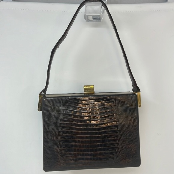 Harry Revits Lizard Reptile Dark Brown and Brass Structured Leather Box Handbag - Picture 2 of 13